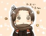  :d ayanami_(kantai_collection) blush_stickers bow brown_hair coat commentary_request engiyoshi hair_bow hair_ribbon kantai_collection long_hair looking_at_viewer mittens open_mouth ribbon side_ponytail smile solo translated 