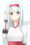 brown_eyes dated hand_on_own_head headband japanese_clothes kantai_collection long_hair looking_at_viewer shoukaku_(kantai_collection) simple_background smile solo sui_(tsuruhibiki) twitter_username upper_body white_background white_hair 