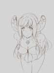  animal_ears arms_behind_back bad_id bad_pixiv_id bare_shoulders bonna_(terra_battle) breasts cleavage cowboy_shot grey_background highres large_breasts leaning_forward lineart long_hair monochrome mth43 necktie sketch solo terra_battle 