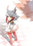  1girl bird_tail bird_wings black_hair checkered checkered_floor eyebrows_visible_through_hair frilled_sleeves frills from_above from_behind fur_collar head_wings highres japanese_crested_ibis_(kemono_friends) kemono_friends kolshica long_sleeves looking_back multicolored_hair neck_ribbon no_shoes pantyhose pleated_skirt red_hair ribbon shadow short_hair sidelocks skirt solo white_hair wings yellow_eyes 