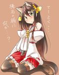  animal_ears brown_hair brown_legwear cat_ears cat_tail detached_sleeves hair_ornament hairband hairclip haruna_(kantai_collection) head_tilt high_heels kantai_collection kemonomimi_mode long_hair looking_at_viewer nontraditional_miko parted_lips pleated_skirt simple_background sitting skirt solo tail thighhighs translated tsukui_kachou yellow_eyes zettai_ryouiki 