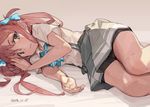  asagumo_(kantai_collection) bike_shorts blue_eyes bow brown_hair dated hair_bow kantai_collection long_hair looking_at_viewer lying on_side school_uniform skirt solo toro_(konirio) twintails 