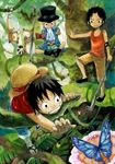  black_hair blonde_hair book brothers butterfly east_blue freckles goggles hat in_tree jungle lemur monkey_d_luffy multiple_boys nature one_piece pole portgas_d_ace reading sabo_(one_piece) sandals scar shirt shorts siblings smile straw_hat t-shirt tank_top tetuankyo top_hat tree trio weapon younger 