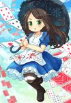  :o ahoge alice:_madness_returns alice_(wonderland) american_mcgee's_alice ankle_boots apron black_hair blue_dress blue_sky blush boots card cloud day dress flying full_body green_eyes long_hair mizuno_mumomo outdoors pantyhose parted_lips playing_card puffy_short_sleeves puffy_sleeves short_sleeves sky solo striped striped_legwear umbrella 