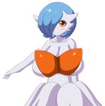  1girl alternate_color blue_hair blush breasts gardevoir huge_breasts jcdr lucy_(jcdr) mega_gardevoir mega_pokemon orange_eyes pokemon shiny_pokemon solo 