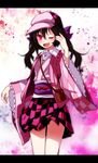  bad_id bad_pixiv_id black_hair bow fang hand_in_hair hat highres himekaidou_hatate japanese_clothes letterboxed long_sleeves looking_at_viewer one_eye_closed pink_eyes s-syogo shirt skirt sleeveless solo touhou wide_sleeves 