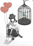  androgynous bad_id bad_pixiv_id balloon bird birdcage boots cage dramatical_murder expressionless gloves hat minato_(robin) sei_(dramatical_murder) sitting spot_color 