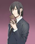  androgynous bad_id bad_pixiv_id black_hair bow dramatical_murder formal grey_eyes male_focus minato_(robin) necktie sei_(dramatical_murder) smile solo stuffed_animal stuffed_toy suit teddy_bear 