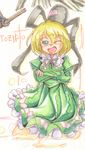  character_name crossed_arms dress ghost_tail green_dress green_eyes green_hair hat highres ichirino_minagi japanese_clothes kunreishiki one_eye_closed open_mouth short_hair smile soga_no_tojiko solo tate_eboshi touhou traditional_media 