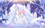  absurdres back_bow bad_id bad_pixiv_id bare_shoulders bishoujo_senshi_sailor_moon bow chibi_usa crescent crystal double_bun dress facial_mark feathers forehead_mark full_body hair_ornament hairpin helios_(sailor_moon) highres horn kneeling mikan_(artist) pegasus pegasus_(sailor_moon) pink_eyes pink_hair short_hair small_lady_serenity smile strapless strapless_dress twintails white_dress wings 