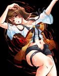  1girl bare_shoulders breasts brown_eyes brown_hair cleavage erect_nipples fatal_frame fatal_frame_5 kozukata_yuuri large_breasts long_hair lying midriff navel nipples on_back open_mouth red_eyes solo suika tongue water 