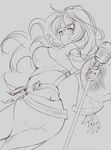  bad_id bad_pixiv_id belt breasts detached_sleeves eileen_(terra_battle) from_behind grey_background highres large_breasts lineart long_hair looking_at_viewer looking_back microphone_stand monochrome mth43 sketch skirt solo terra_battle 