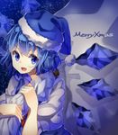  adapted_costume alternate_headwear bag blue_dress blue_eyes blue_hair christmas cirno dress fang hat ice ice_wings looking_at_viewer merry_christmas nuira open_mouth puffy_short_sleeves puffy_sleeves santa_hat shirt short_sleeves smile solo touhou wings 