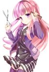  bangs blunt_bangs comb girlfriend_(kari) kuuron long_hair multicolored_hair niigaki_hina pink_hair purple_eyes purple_hair scissors skirt solo two-tone_hair 