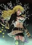  ahoge asymmetrical_clothes blonde_hair boots breasts cleavage garter_straps gauntlets glowing glowing_eyes jewelry jonathan_h large_breasts long_hair necklace pleated_skirt red_eyes rwby shell_casing skirt solo thigh_boots thighhighs yang_xiao_long zettai_ryouiki 