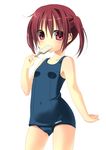  absurdres brown_eyes brown_hair eating food hanamiya_natsuka highres holding looking_at_viewer one-piece_swimsuit original popsicle school_swimsuit simple_background solo swimsuit twintails white_background 