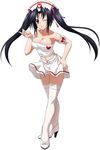  1girl black_hair breasts hat high_school_dxd large_breasts long_hair nurse official_art open_mouth purple_eyes serafall_leviathan skirt smile solo standing thighhighs twintails white_background wink 