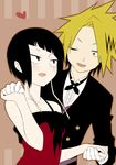  1girl bitou black_hair blonde_hair boku_no_hero_academia dancing dress gloves heart jirou_kyouka kaminari_denki short_hair smile tuxedo 