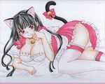  animal_ears ass bell bell_choker bell_collar black_hair breasts cat_ears cat_tail choker cleavage collar hime_cut inunekochan kanoe_yuuko large_breasts long_hair lying maid panties paw_pose red_eyes ribbon smile solo tail tail_bell tail_ribbon tasogare_otome_x_amnesia thighhighs traditional_media underwear watercolor_pencil_(medium) white_legwear white_panties 