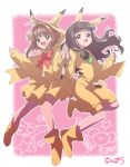  2girls 90s animal_ears arched_back bangs bare_legs bow bowtie brown_hair card_captor_sakura commentary_request cosplay creatures_(company) crossover daidouji_tomoyo fake_animal_ears game_freak gen_1_pokemon green_eyes green_neckwear hairband hood hood_up jumpsuit kinomoto_sakura long_hair long_sleeves looking_at_viewer multiple_girls nanpou_(nanpou0021) nintendo open_mouth pikachu pikachu_(cosplay) pikachu_ears pikachu_girl pikachu_hood pikachu_tail pink_background pokemon pokemon_ears red_neckwear sexual_dimorphism short_hair skirt smile striped tail unaligned_ears wide_sleeves yellow_footwear yellow_hairband yellow_jumpsuit 