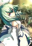  blue_dress blue_eyes breasts building detached_sleeves dress eyelashes floating from_above from_behind green_hair hair_ornament hashiro kochiya_sanae leaf light long_hair looking_at_viewer small_breasts smile snake_hair_ornament solo sunlight touhou tree vest wind 