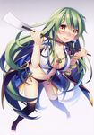  absurdres adapted_costume blush breasts cleavage embarrassed frog_hair_ornament green_hair hair_ornament hair_tubes highres kochiya_sanae large_breasts legs_apart long_hair masaru.jp navel open_mouth panties snake thighhighs touhou underwear very_long_hair wand yellow_eyes 