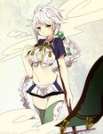  banner braid breasts character_name cleavage_cutout cloud hand_on_own_chest haroko_(haloco) kantai_collection large_breasts long_hair messy_hair midriff miniskirt navel neck_ribbon ribbon side_cutout skirt thighhighs translated unryuu_(kantai_collection) very_long_hair white_hair yellow_eyes zettai_ryouiki 