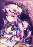  absurdres adjusting_hair bangs blunt_bangs book bow breasts cleavage crescent crescent_hair_ornament curtains embroidery hair_bow hair_ornament hat highres large_breasts long_hair looking_at_viewer masaru.jp patchouli_knowledge purple_eyes purple_hair touhou 