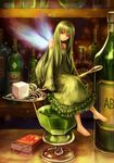  absinthe alcohol arms_at_sides bangs bare_shoulders barefoot bottle box commentary_request counter cup detached_sleeves dress drinking_glass energy_wings fairy foot_dangle frilled_dress frills full_body green_dress green_hair green_nails head_tilt karasuba_yomi liquor long_hair long_sleeves looking_at_viewer matchbox matchstick minigirl nail_polish original pernod_fils personification red_eyes shelf sitting sleeves_past_wrists smile solo spoon sugar_cube toenail_polish toenails tsurime 