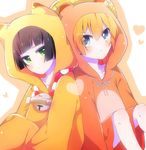  :&lt; :/ animal_costume animal_hood bad_id bad_pixiv_id bangs black_hair blue_eyes blunt_bangs blush bob_cut closed_mouth do_ri_(azukixx) green_eyes gugure!_kokkuri-san heart hood ichimatsu_kohina jimeko-san multiple_girls orange_hair v-shaped_eyebrows 