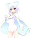  adapted_costume alternate_color alternate_costume animal_ears asn_s blue_hair blush breasts cape diamond dress eyes_visible_through_hair gradient_hair groin hips holding_cape jewelry long_sleeves mouse_ears mouse_tail multicolored_hair nazrin open_mouth panties pantyshot pendant purple_hair red_eyes small_breasts solo striped striped_panties tail thighs touhou underwear white_dress white_hair 