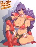  agawa_ryou artist_name blue_eyes boots breasts choker cleavage curly_hair dragon_quest dragon_quest_iii huge_breasts long_hair looking_at_viewer midriff naughty_face purple_hair shadow shoulder_pads smile soldier_(dq3) solo toned 