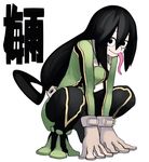  :&gt; :p asui_tsuyu bad_id bad_pixiv_id black_eyes black_hair bodysuit boku_no_hero_academia boots frog_girl gloves green_bodysuit hair_rings highres kineshin long_hair long_tongue low-tied_long_hair solo thigh_boots thighhighs tongue tongue_out 