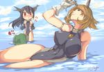  bad_id bad_pixiv_id breast_envy breasts brown_hair competition_swimsuit gloves green_eyes highres kantai_collection large_breasts multiple_girls mutsu_(kantai_collection) nagato_(kantai_collection) one-piece_swimsuit satou_daiji short_hair swimsuit water 