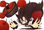  animal_ears apple brooch brown_hair dress falling food fruit imaizumi_kagerou jewelry kaginoni long_hair looking_down open_mouth red_eyes simple_background solo tears touhou tripping very_long_hair white_background wolf_ears 