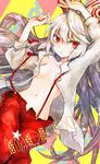  arm_up bow breasts character_name duca dutch_angle eyelashes fujiwara_no_mokou hair_bow long_hair navel open_clothes open_shirt pants protected_link red_eyes shirt small_breasts solo suspenders touhou very_long_hair white_hair 