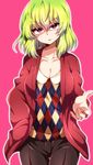  bad_id bad_twitter_id breasts cleavage green_hair hair_between_eyes hand_in_pocket highres large_breasts looking_at_viewer miyabi_mahore natsu_hotaru original pink_background red_eyes shaded_face simple_background solo 