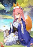  1girl alcohol animal_ear_fluff animal_ears blush bottle breasts catsizuru collarbone fate/grand_order fate_(series) flower fox_ears fox_girl fox_tail heroic_spirit_traveling_outfit highres japanese_clothes kimono large_breasts long_sleeves looking_at_viewer nature one_eye_closed open_mouth outdoors petals pink_hair sake sake_bottle sash seiza sitting solo tail tamamo_(fate)_(all) tamamo_no_mae_(fate) tree twintails water waterfall yellow_eyes 