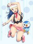  adapted_costume arm_up beanie blue_eyes blue_hair blush boots breasts gen_4_pokemon hair_ornament hat hikari_(pokemon) large_breasts long_hair midriff navel panties pantyshot pink_footwear piplup poke_ball pokemon pokemon_(anime) pokemon_(creature) shikuta_maru skirt smile underwear upskirt white_panties 