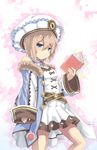  bare_shoulders blanc blue_eyes blush book breasts brown_hair coat dress frilled_hat frills hat highres holding holding_book looking_at_viewer neck_ribbon neptune_(series) normaland open_book ribbon short_hair sleeves_past_wrists small_breasts solo white_dress 