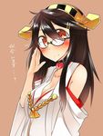  adjusting_eyewear bespectacled black_hair brown_eyes choker detached_sleeves flying_sweatdrops glasses hair_ornament hairband hairclip haruna_(kantai_collection) kantai_collection long_hair looking_at_viewer nontraditional_miko pleated_skirt simple_background skirt solo translated tsukui_kachou 