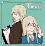 afuro_terumi artist_name bespectacled blue_hair character_name clipboard dated dual_persona formal glasses height_difference inazuma_eleven inazuma_eleven_(series) inazuma_eleven_go l_hakase long_hair male_focus multicolored_hair multiple_boys necktie ponytail red_eyes suit sweater two-tone_hair 