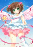  antenna_hair brown_hair cardcaptor_sakura choker dress green_eyes hair_ribbon hanamiya_natsuka highres holding hoshi_no_tsue kinomoto_sakura looking_at_viewer magical_girl parted_lips petals pink_choker pink_wings ribbon short_hair solo star star_choker two_side_up wand white_dress wind wings 