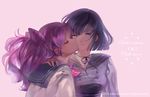  2girls big_hair bishoujo_senshi_sailor_moon bob_cut character_name cheek_kiss chibi_usa choker double_bun from_side greenwodiary highres kiss multiple_girls nail_polish one_eye_closed purple_background purple_eyes ribbon_choker school_uniform serafuku short_hair simple_background tomoe_hotaru twintails typo upper_body wince yuri 