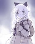  :&lt; animal_ears backpack bag belt blush coat helma_lennartz highres izuoku long_hair looking_at_viewer mittens monochrome scarf simple_background solo winter_clothes world_witches_series 