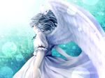  ameya_nihachi angel_wings blue_eyes blue_hair bow dress hair_bow highres looking_at_viewer looking_back mai_(touhou) touhou touhou_(pc-98) wings 