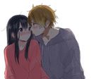  1girl black_hair blue_eyes blush brown_eyes brown_hair couple hetero kitashirakawa_tamako long_hair momose_(oqo) ooji_mochizou short_hair sweater tamako_market 