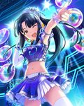  black_hair brown_eyes fingerless_gloves gloves headphones idolmaster idolmaster_cinderella_girls long_hair looking_at_viewer midriff mizuno_midori navel one_eye_closed open_mouth pleated_skirt single_glove skirt solo speaker thighhighs white_legwear 