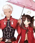  1boy 1girl archer bad_id bad_twitter_id brown_eyes brown_hair closed_eyes dark_skin fate/stay_night fate_(series) green_eyes hair_ribbon hand_on_hip holding holding_umbrella long_hair looking_at_another one_eye_closed open_mouth rain ribbon sakura_yuki_(clochette) shared_umbrella short_hair toosaka_rin umbrella upper_body white_hair 