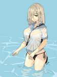  1girl breasts hamakaze_(kantai_collection) kantai_collection large_breasts muneneko panties see_through_shirt side-tie_panties simple_background solo strap_cleavage underwear wet 